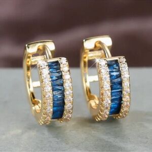 NEW 18K Gold Plated Sapphire Blue Pave Crystal Dainty Huggie Hoop Earrings